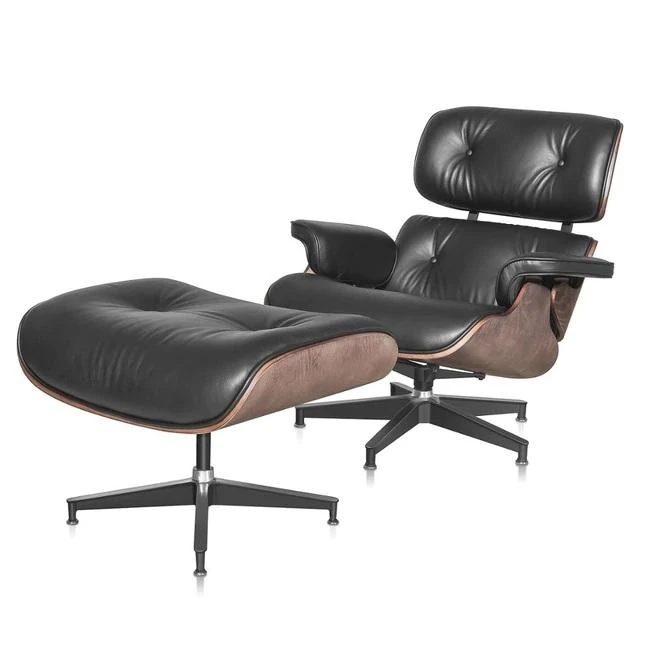 Classic Charles Eames Lounge Chair And Ottoman Replica Black Leather Walnut Wood NH308